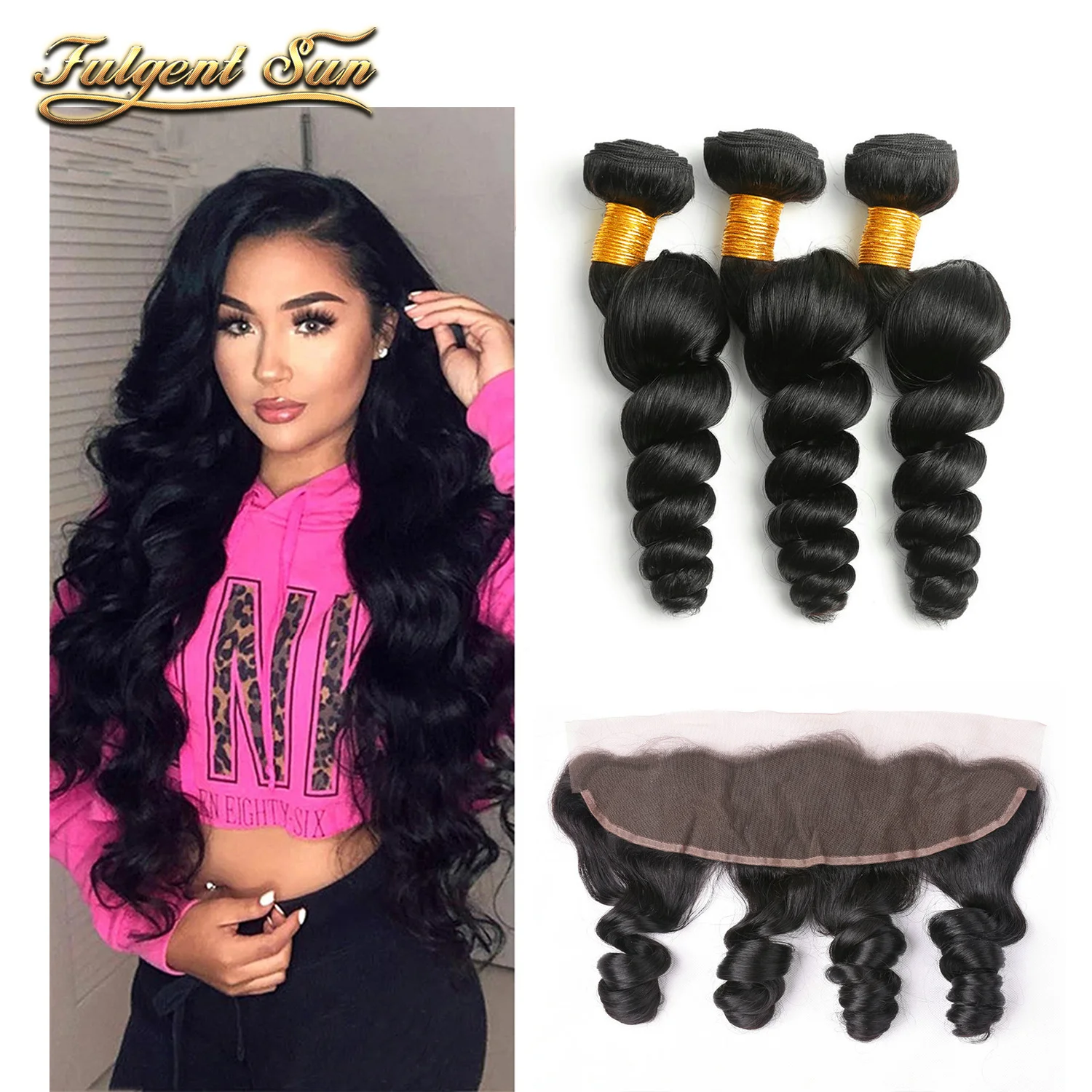 Pacote com Frontal Pacotes com Frontal Natural com Cabelo do Bebê Cabelo Humano Indiano Onda Solta Linha Fina 13x4 Laço Frontal 3 solta pacotes com frontal linha fina natural