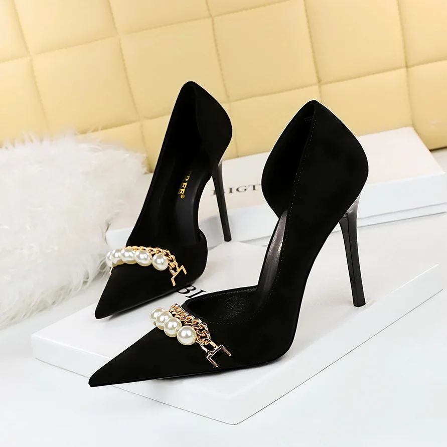 

BIGTREE Shoes 2023 Women Pumps Quality High Heels Pearl Chain Design Women Heels Stilettos Luxury Banquet Shoes Female Stiletto