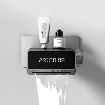 หรูหรา GunGrey ทองเหลือง LED ดิจิตอลจอแสดงผลห้องน้ําก๊อกน้ํา Minimalist ติดผนังฝังอ่างล้างหน้าน้ําตก Outlet Mixer TAP 2