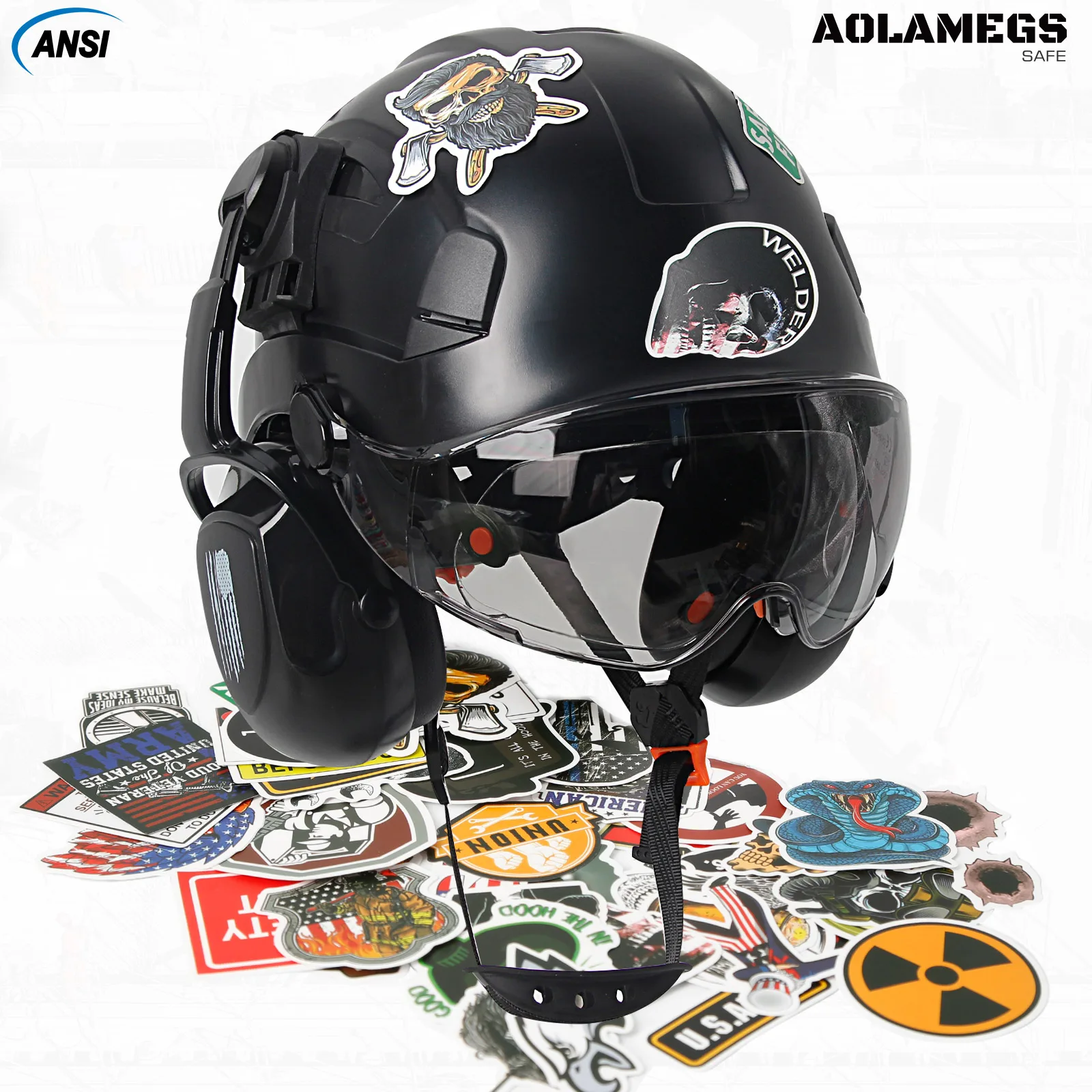 Safety Helmet With Visors Built In Goggles Earmuff Noise Reduction Cartoon Stickers For Engineer CE Hard Hat Industrial Work Cap