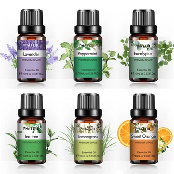PHATOIL 6pcs Essential Oil Set 10ml Pure Natural Lavender Eucalyptus Peppermint Tea Tree Orange Lemongrass for Diffuser Candles 2