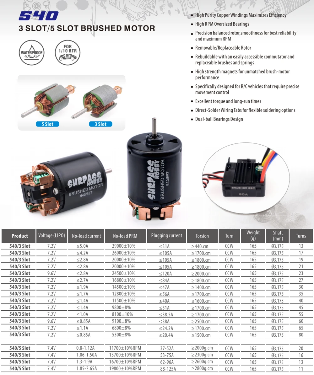 SURPASSHOBBY 540 Brushed Motor 80T 13T 17T 23T 21T 27T 35T 45T 55T for 1/10 RC Car