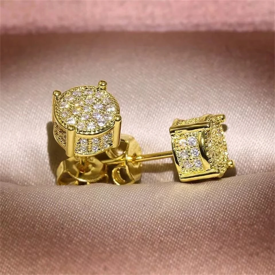 Stud earrings gold-color square and round ear studs for women fashion shiny classic rhinestone tiny earrings jewelry gift