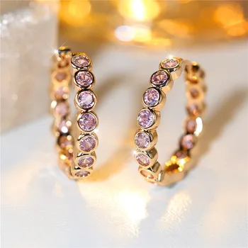 Luxury Female Small Pink Round Earrings Charm Yellow Gold Color Trendy Zircon Stone Wedding Jewelry