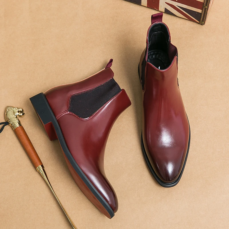Men New Chelsea Boots Pointed Red Leather Shoes Anti slip and Wear resistant High Quality Ankle Boots Size 38-46 Men boots