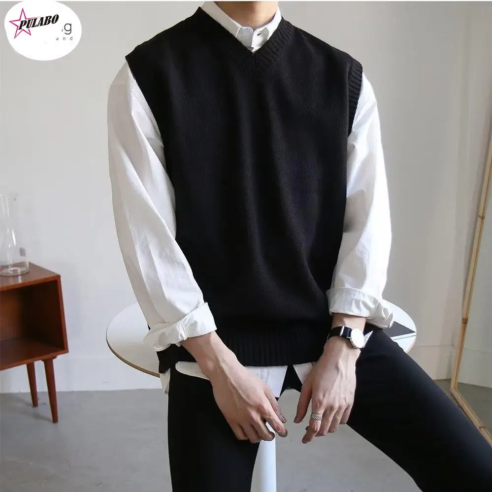 

Sweater Vest Men Simple All-match V-neck Solid Sleeveless Male Tops Basic Cozy Korean Style Ins Leisure Knitted Plus Size M-3XL