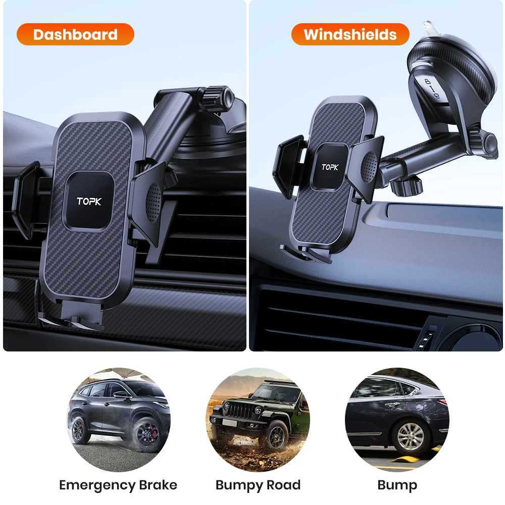 Car Phone Holder Mount, Super Stable Cell Phone Car Mount 360° Rotation One Butt