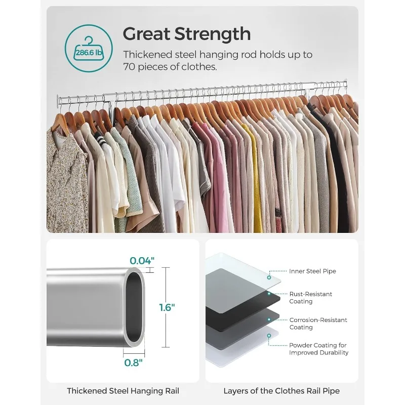 Clothes Rack with Wheels, Heavy-Duty Garment Rack with Extendable Rod, 286.6 lb Load Capacity, 3