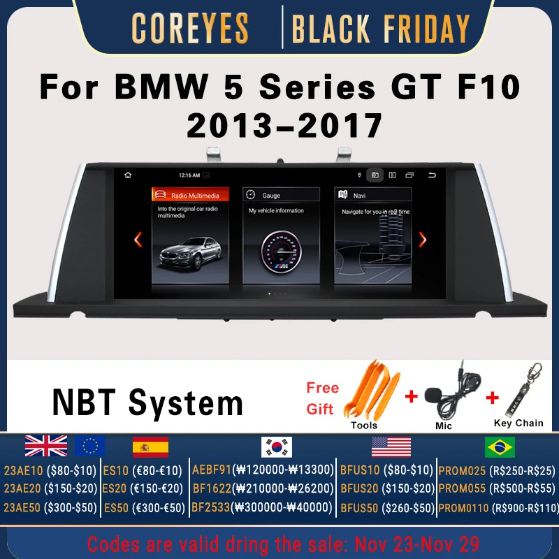 

COREYES 10.25" Carplay Android Auto For BMW 5 Series F10 GT 2013-2017 NBT System 1920*720P Car Radio Multimedia Player GPS 4G