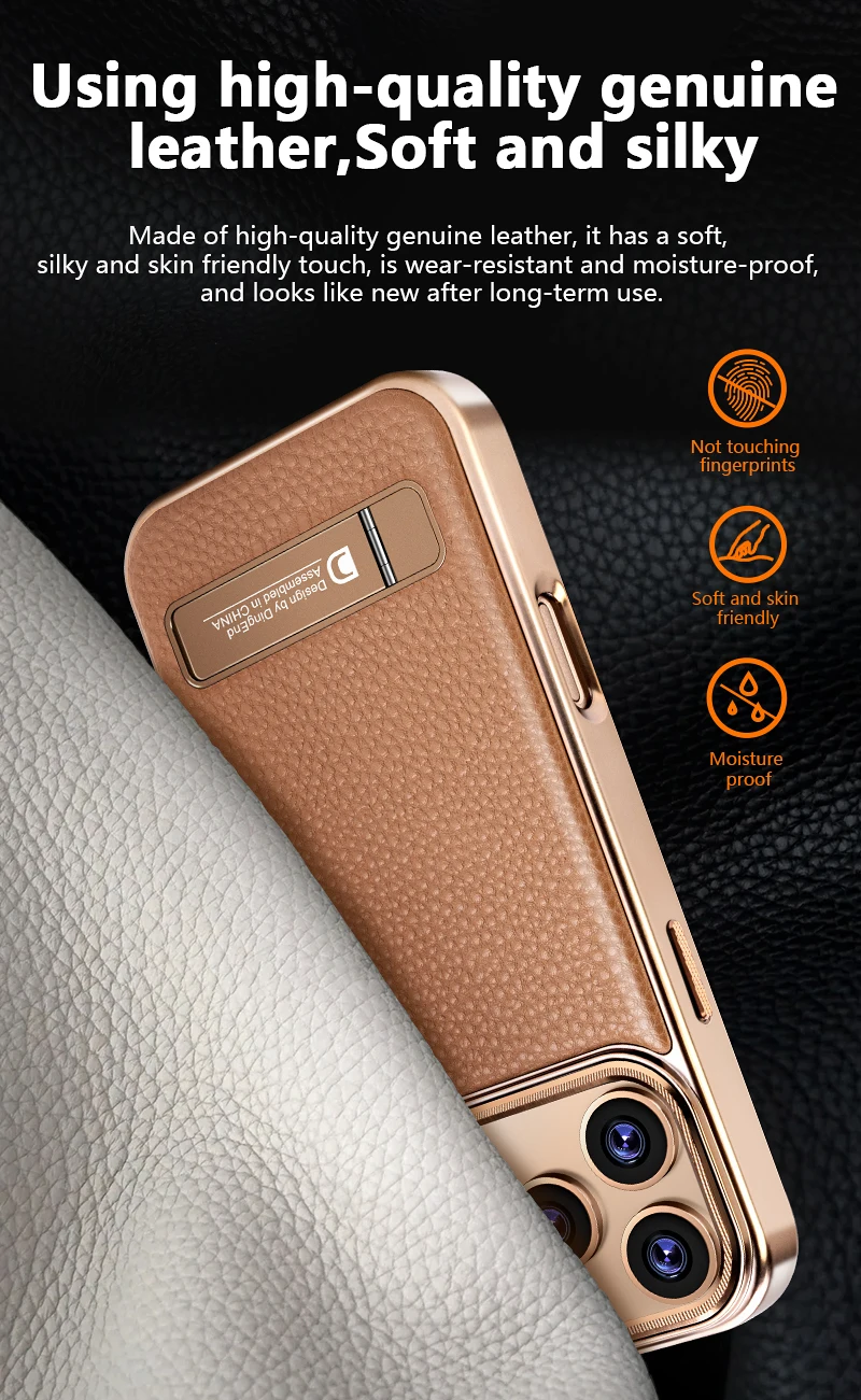 Luxurious Genuine Leather Electroplated Phone Case with Metal Bracket Kickstand and Magsafe Compatibility