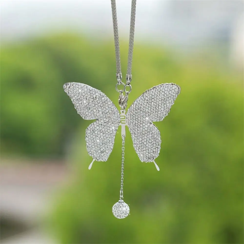 Pink Bling Butterfly Pendant Car Rearview Mirror Hangings Charms Bag Pendant Women Girl Gift Ornaments Auto Interior Decoration