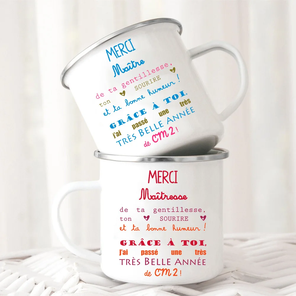 

Merci Maitre & Maitresse Printed Enamel Mug Creative Coffee Cups Drink Dessert Milk Cup Mugs Handle Drinkware Gifts for Teacher