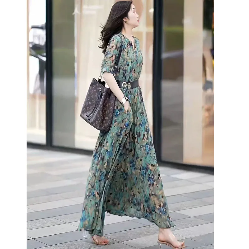 High Quality Size 5XL Printed Long Dress 2023 Summer New Half-Sleeve Dresses V-Neck High Waist Lacing Temperament Female Clothes