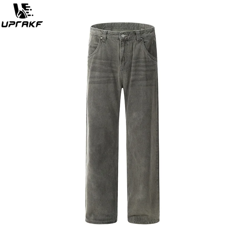 UPRAKF Straight-leg Pocket Wide Leg Jeans Distressed Pants Casual Denim Autumn Fashion Basic High Street Winter