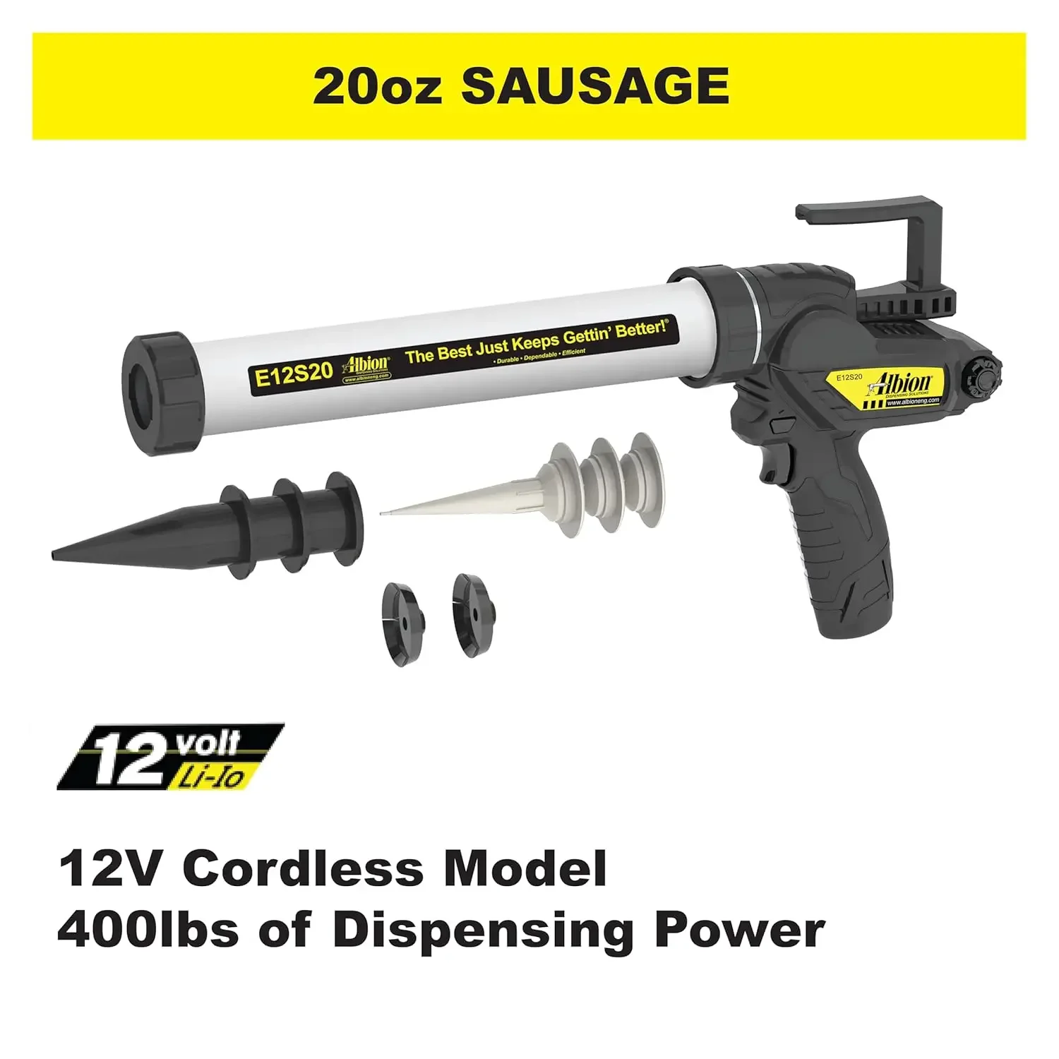 Engineering E12S20 B-Line Cordless Sausage Caulking Gun, No Drip, 12V, 20 oz 2