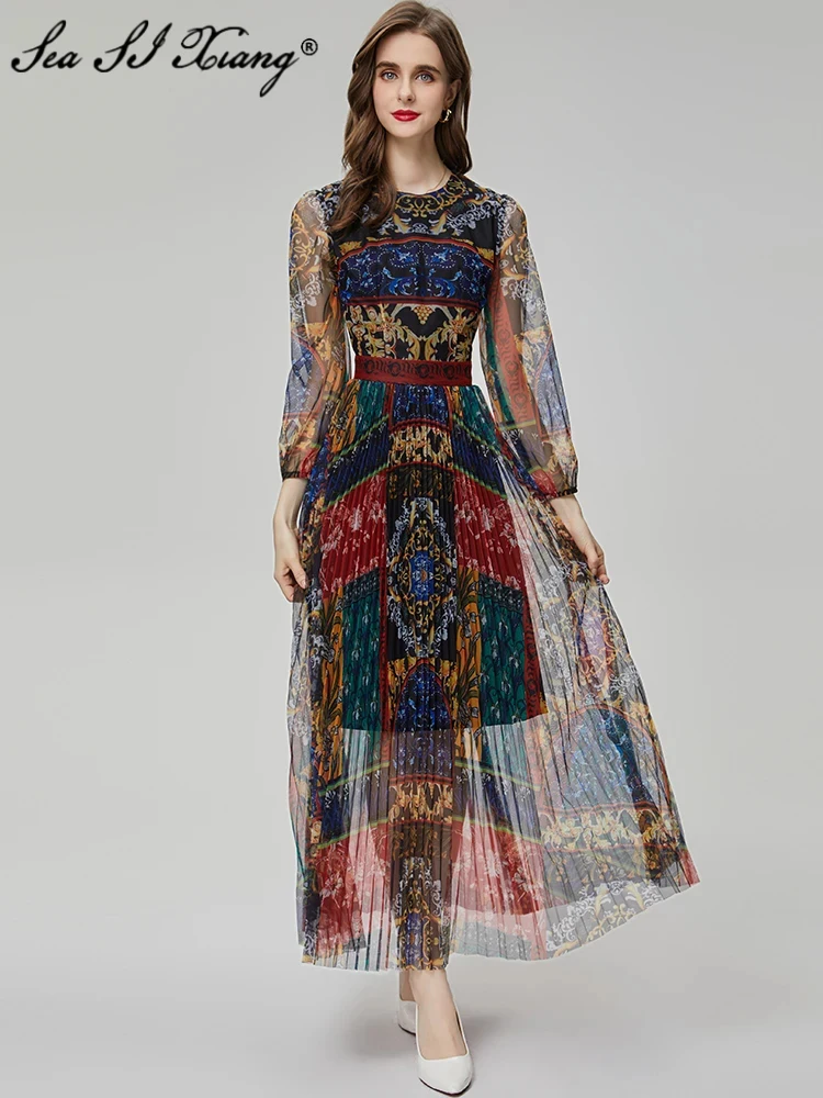 

Seasixiang Fashion Designer Spring Summer Long Dress Women O-Neck Lantern Sleeve Indie Folk Pattern Print Pleated Dresses