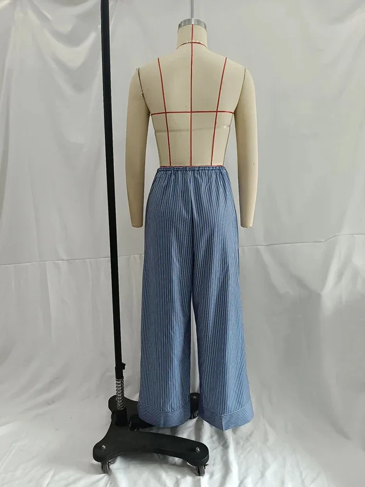 Fashion Korean Women's High Waisted Drawstring Fine Striped Blue Pants Retro Classic Women Vacation Style Loose Wide Leg Pants