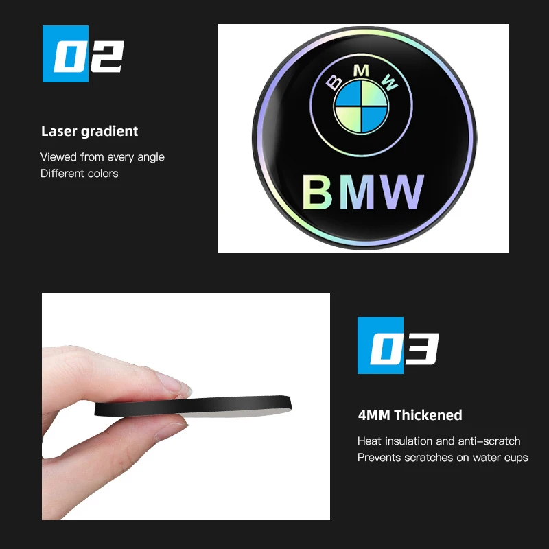 2개 자동차 엠블럼 컵받침 컬러 미끄럼 방지 매트 (BMW M E46 E90 E60 F30 G20 X1 X2 X3 X4 X5 X6 X7 i3 i4 i5 i7 M2 M4 용)
