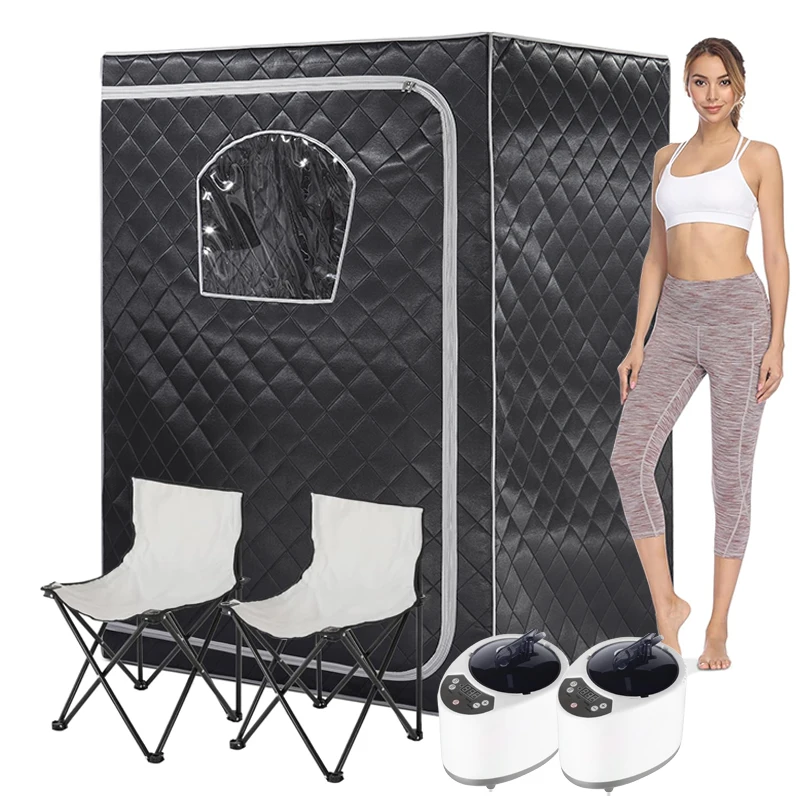 เต็นท์ซาวน่าแบบพกพาขนาดใหญ่สำหรับ 2 คน พร้อมเก้าอี้พับ 2 ตัว และเครื่องทำไอน้ำ 2 เครื่อง สำหรับการผ่อนคลายที่บ้าน 1