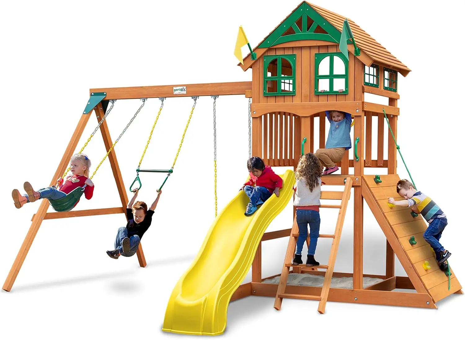 Gorilla 01-1063-Y Outing Wood Swing Set with Wood Roof & Yellow Slide, Amber