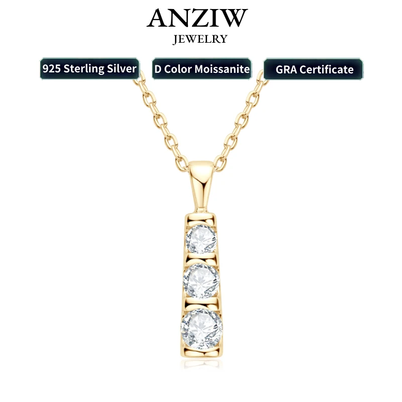 

Anziw 925 Sterling Silver Three Stone Pendant Necklace Gradual D Color Moissanite with Certificate for Women Gift Collar Jewelry