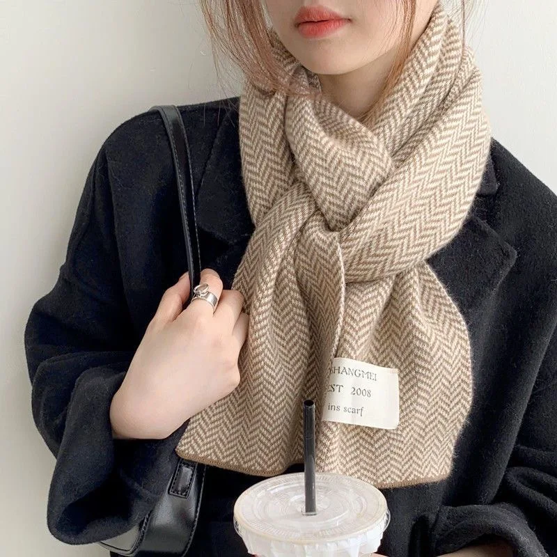 Women Winter Scarves High Quality Knitted Scarf Korean Style White Vintage Stripe Pattern Scarves Winter Outdoor Warm Scarves 5