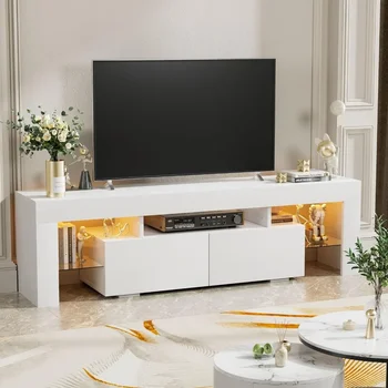 Modern LED TV Stand for Televisions up to 70 Inch with Glass Shelves and Drawer, Gaming Entertainment Center with Multiple 1