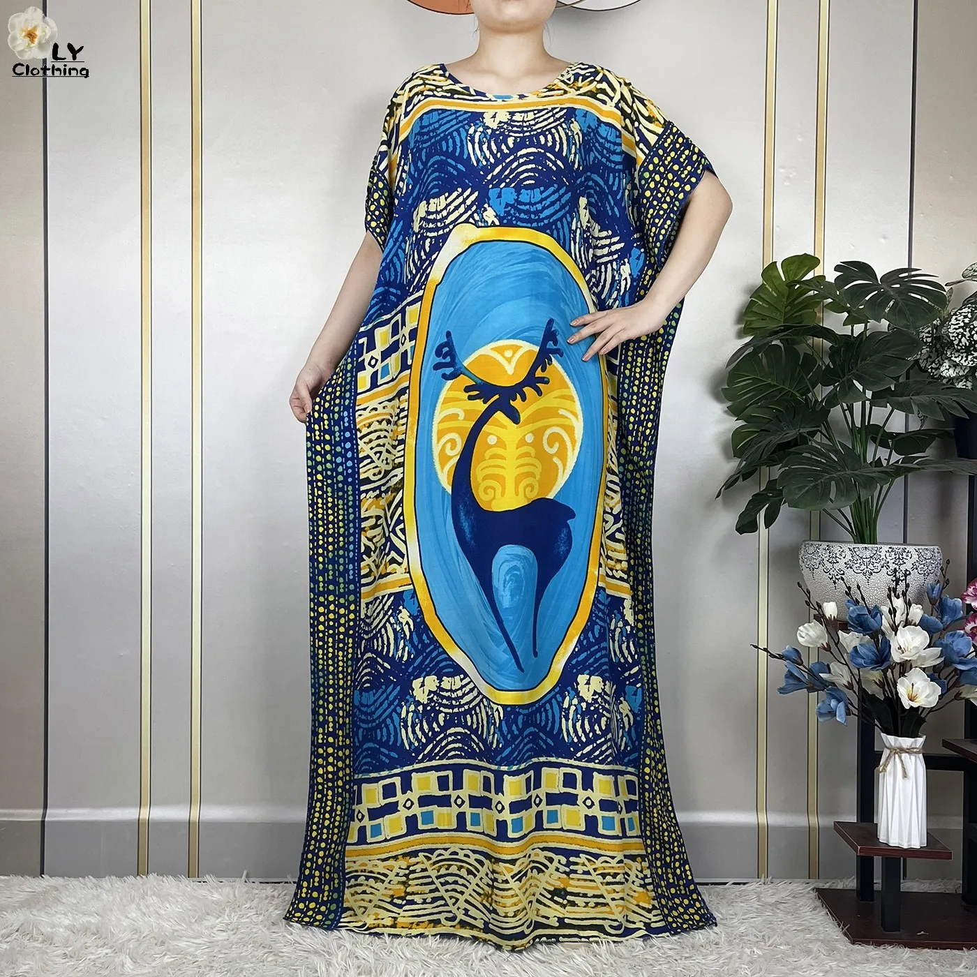 New African Fashion Femme Short Sleeve Loose Robe Dubai Muslim Dashiki Printing Cotton Woman Islam Abayas Dress With Large Scarf