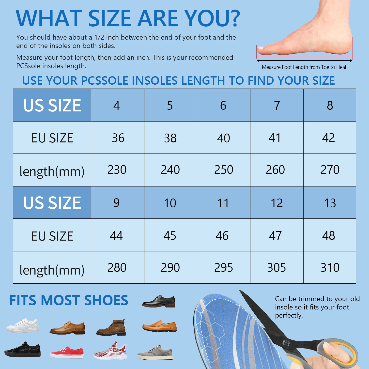 PCSsole High Arch Support Shoe Inserts, Orthotic Memory Foam Insoles for Severe Flat Feet,Plantar Fasciitis,Foot Pain,Heel Pain