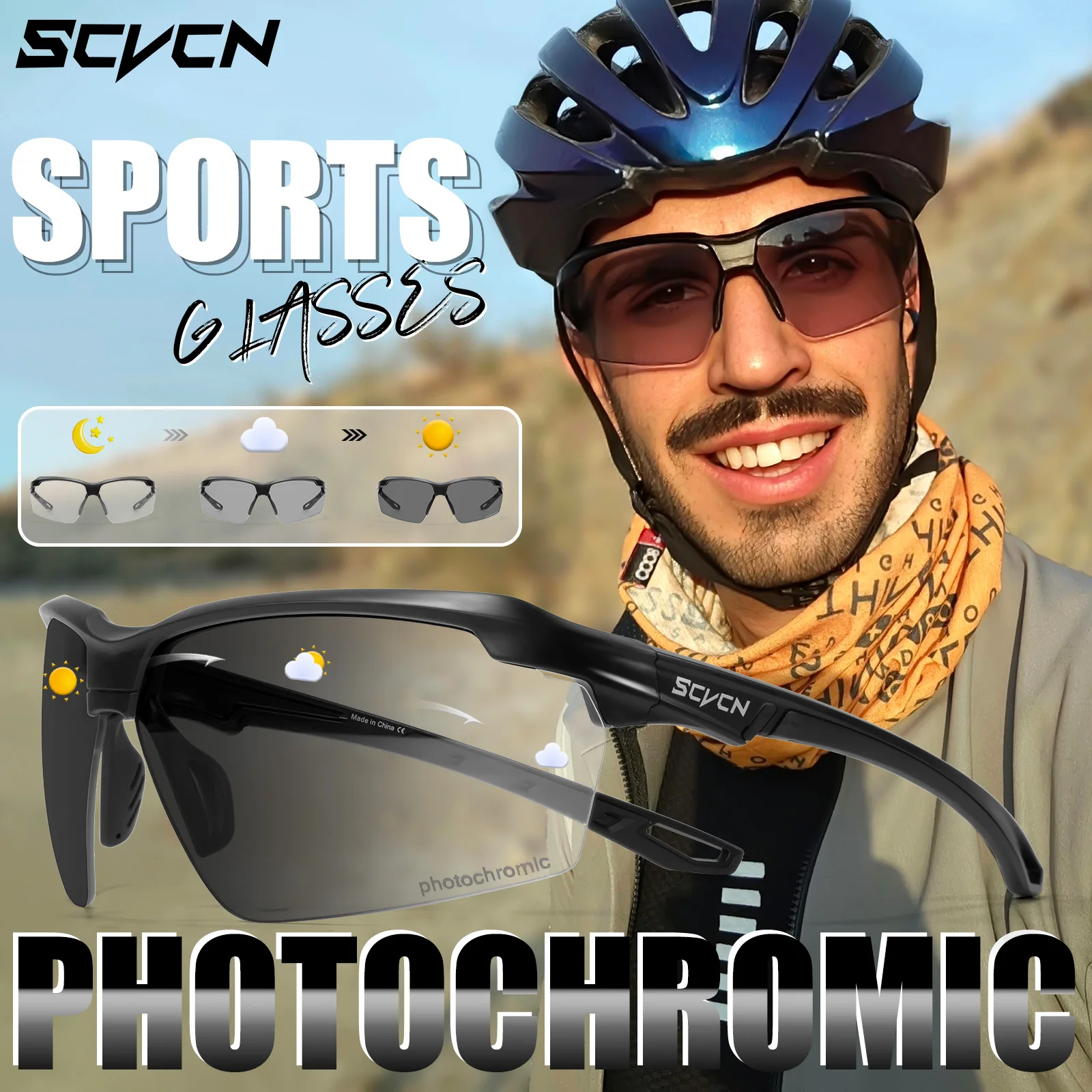 SCVCN-Bike Photochromic Cycling Sunglasses Mountain Bicycle Hiking Golf UV400 Sports Glasses for Men Women Baseball