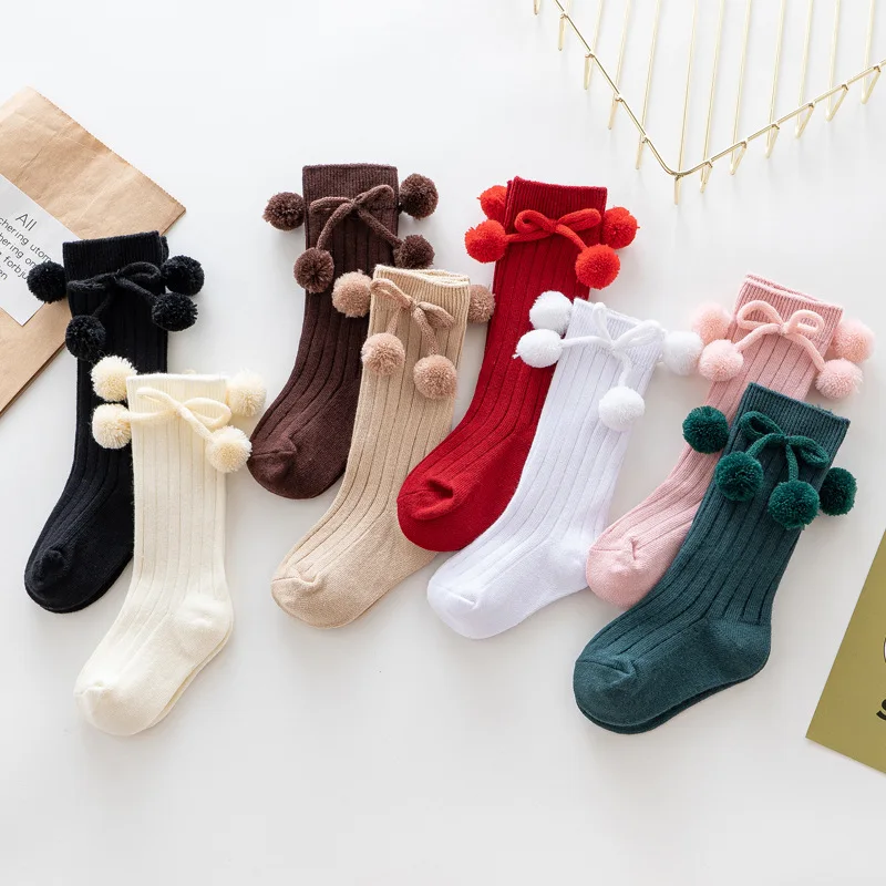 1 Pair Winter Kawaii Baby Stockings Cotton British Princess Knee High Long Bow Pom Tube Socks for Girls Knitted Sock for 0-4Year 5