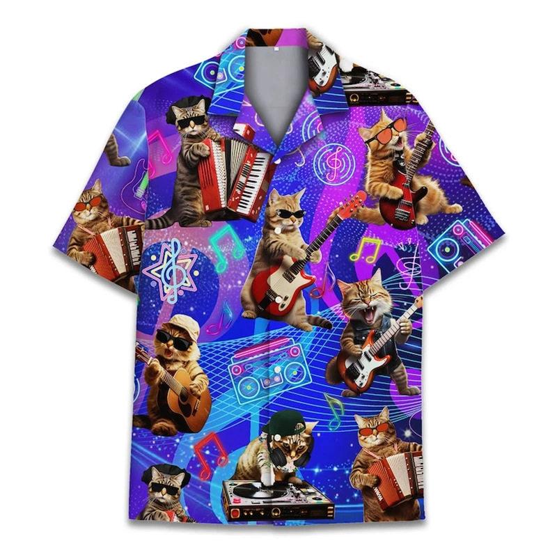 thumbnail image 1 of Camisa hawaiana divertida para hombre, sudadera playera con estampado de gato y música en 3D, camisa de manga corta de diseñador callejero, ropa para hombre de alta calidad, 1 of 4