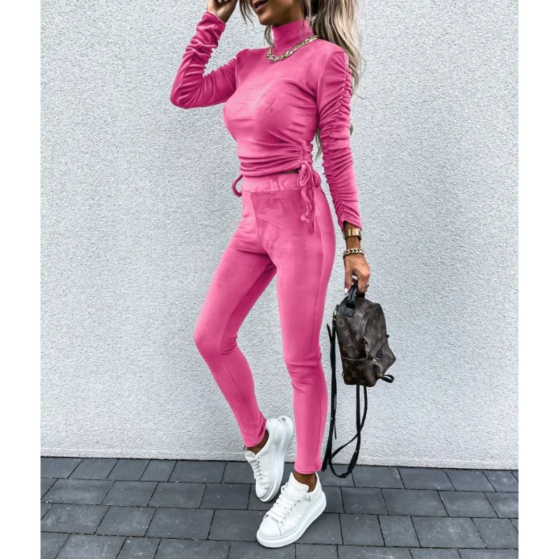 Two-Piece Set for Women, Knitwear with Strap, Drawstring Design, Fashion Velvet Outfits, Simple Skinny Pants, Autumn and Winter