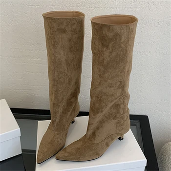 Eilyken Winter Street Style Pointed Toe Knee-High Boots Women Low Heels Shoes Female Long Booties Zapatos De Mujer