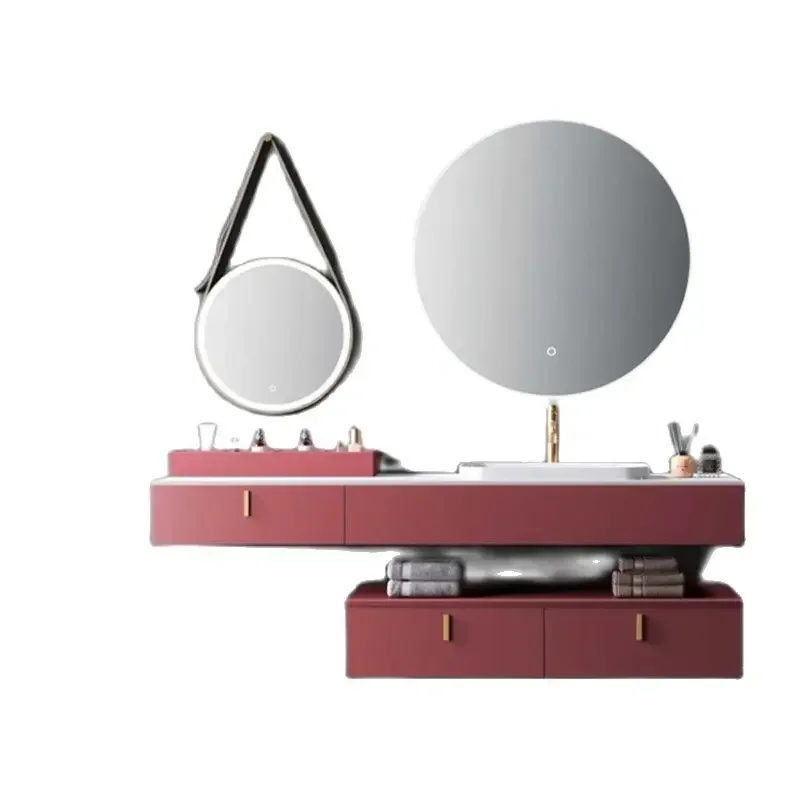 ~Oak Bathroom Cabinet Combination Bathroom Table Smart Mirror Modern Minimalist Stone Plate Washbasin Rose Pink