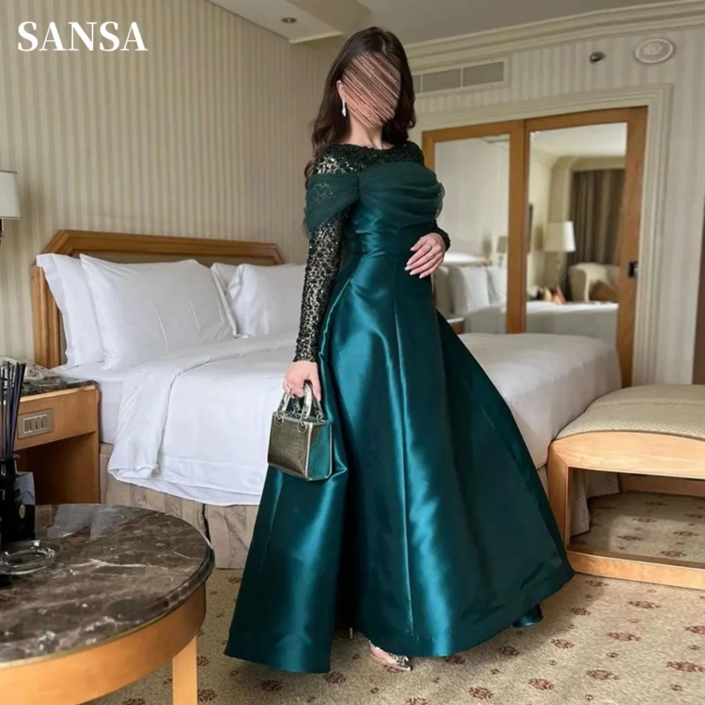 

Женское атласное платье Sansa, темно-зеленое платье с длинным рукавом и блестками, ТРАПЕЦИЕВИДНОЕ платье для выпускного вечера, 2023