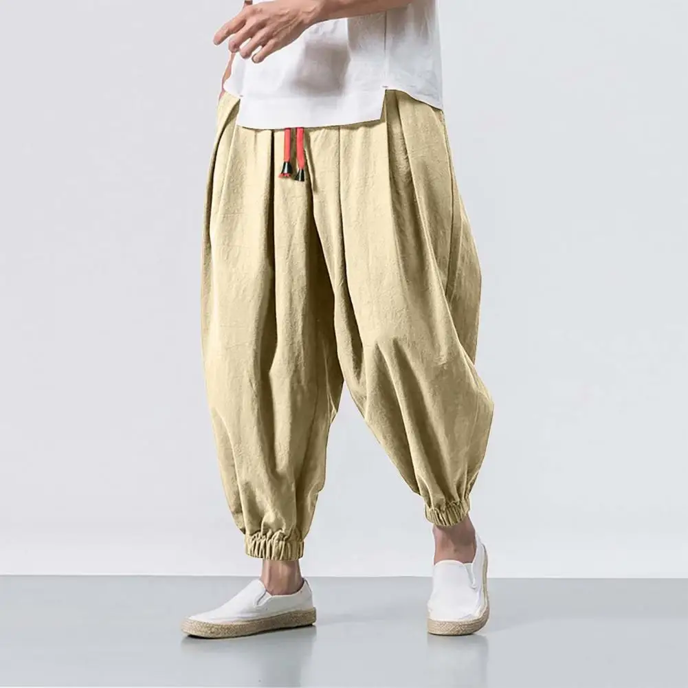 

Solid Color Slim-leg Pants Men's Baggy Deep Crotch Harem Trousers with Drawstring Elastic Waist Pockets Soft Breathable for Plus