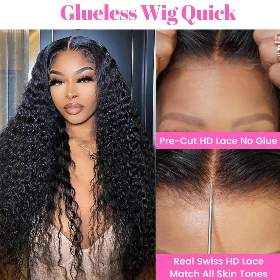 Perruque Lace Front Wig sans colle bouclée, cheveux naturels, pre-plucked, Deep Wave, pre-plucked, 5x5, 13x4, 13x6