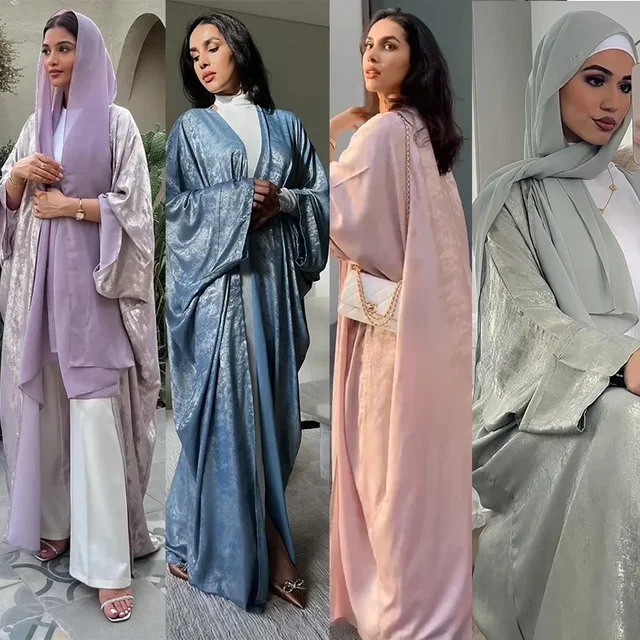 109398-33a90b.jpg Robe longue en satin pour femmes, caftan musulman, kimono ouvert sur le devant, cardigan, Turquie, robes islamiques, vêtements arabes