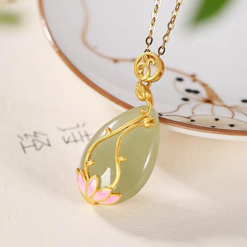 Natural Jade Necklace Lotus Flower Pendant Jade Lotus Necklace