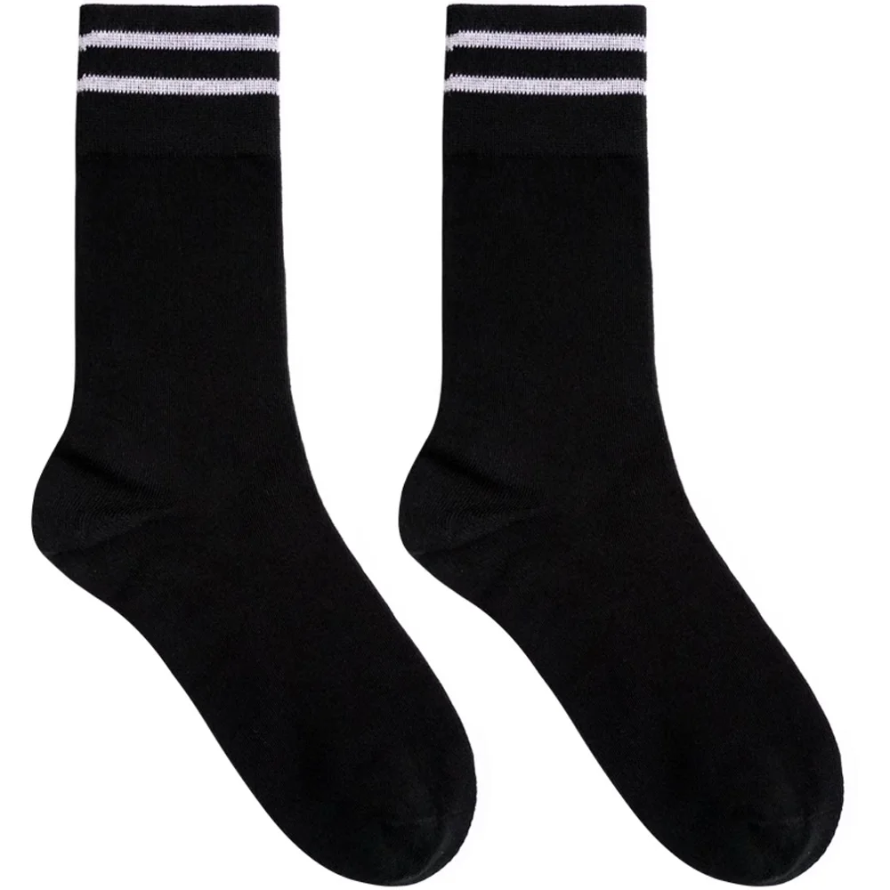 Men's High Tube Striped Spring and Summer Thin Towelless Bottom Black and White Two Bars Washed Sports Cotton Socks