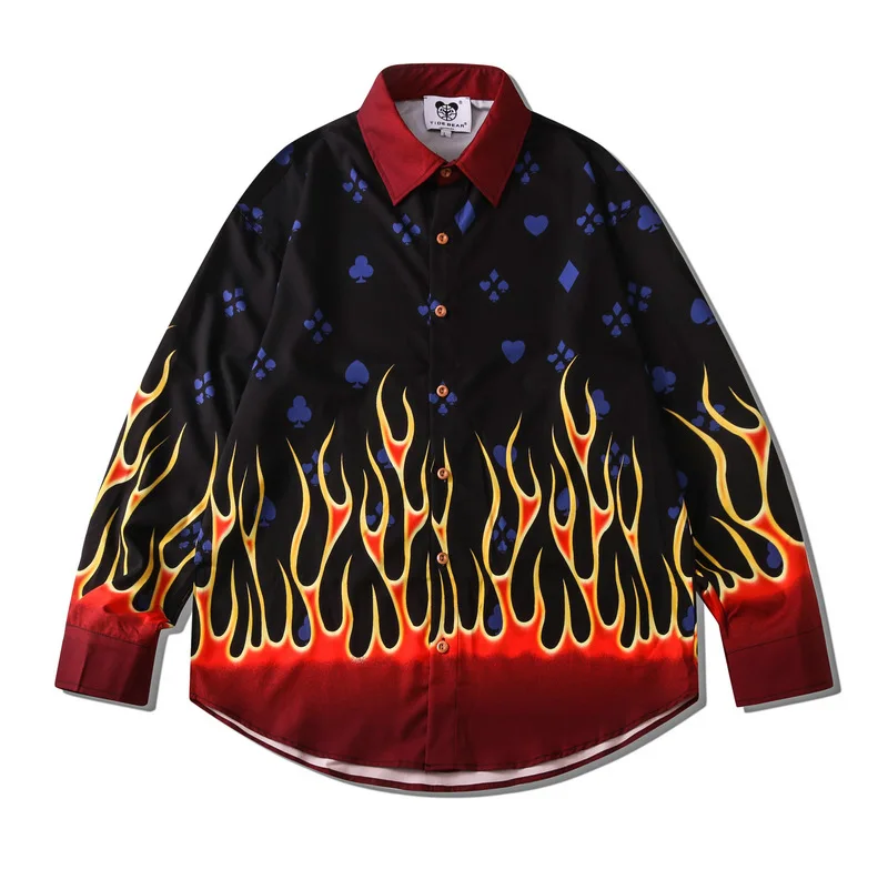 Autumn New Men\'s Fashion Flame Print Shirts Korean Style Long Sleeve Loose Oversized Shirt For Man Casual Couple Ropa Navidad
