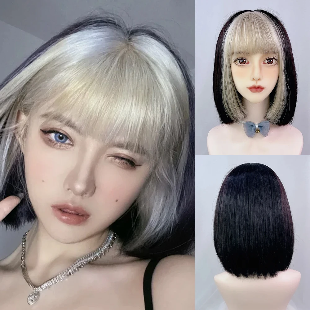 

Synthetic Short Straight Bob Hair Gold Black Cosplay Wig Women Lolita Color Highlighting Gradient With Bangs Dyed