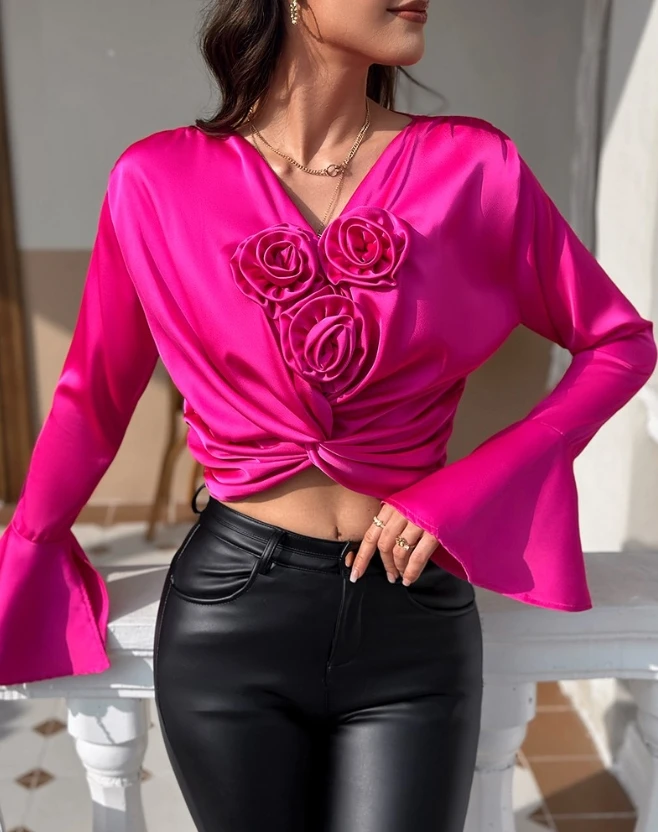 

Original Design 2023 Early Spring for Women's Blouses Rose Detail Ruched Decoration Bell Sleeve Minimalist and Niche Top