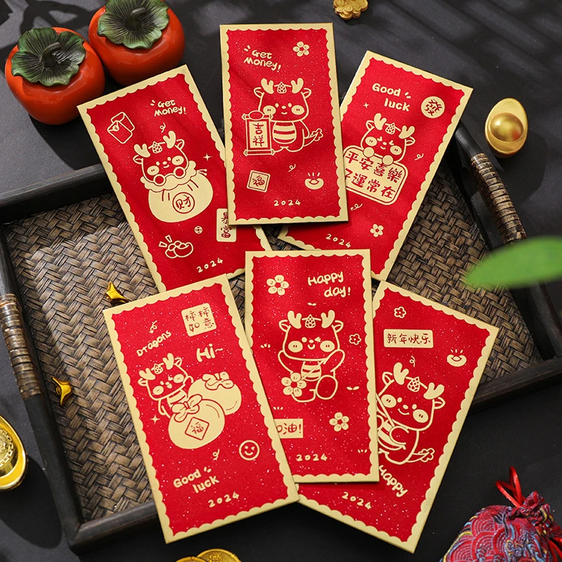 

6PCS 2024 Chinese New Year Red Envelope Dragon Year Hongbao Spring Festival Red Pocket Best Wish Lucky Money Pockets Gift Bag