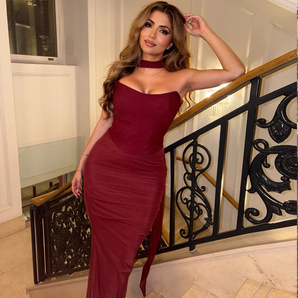 Mingmingxi Elegant Maxi Wedding Guest Dress Set Sexy Strapless Blue Cropped Top Set Bodycon Holiday Party Dresses Women 4