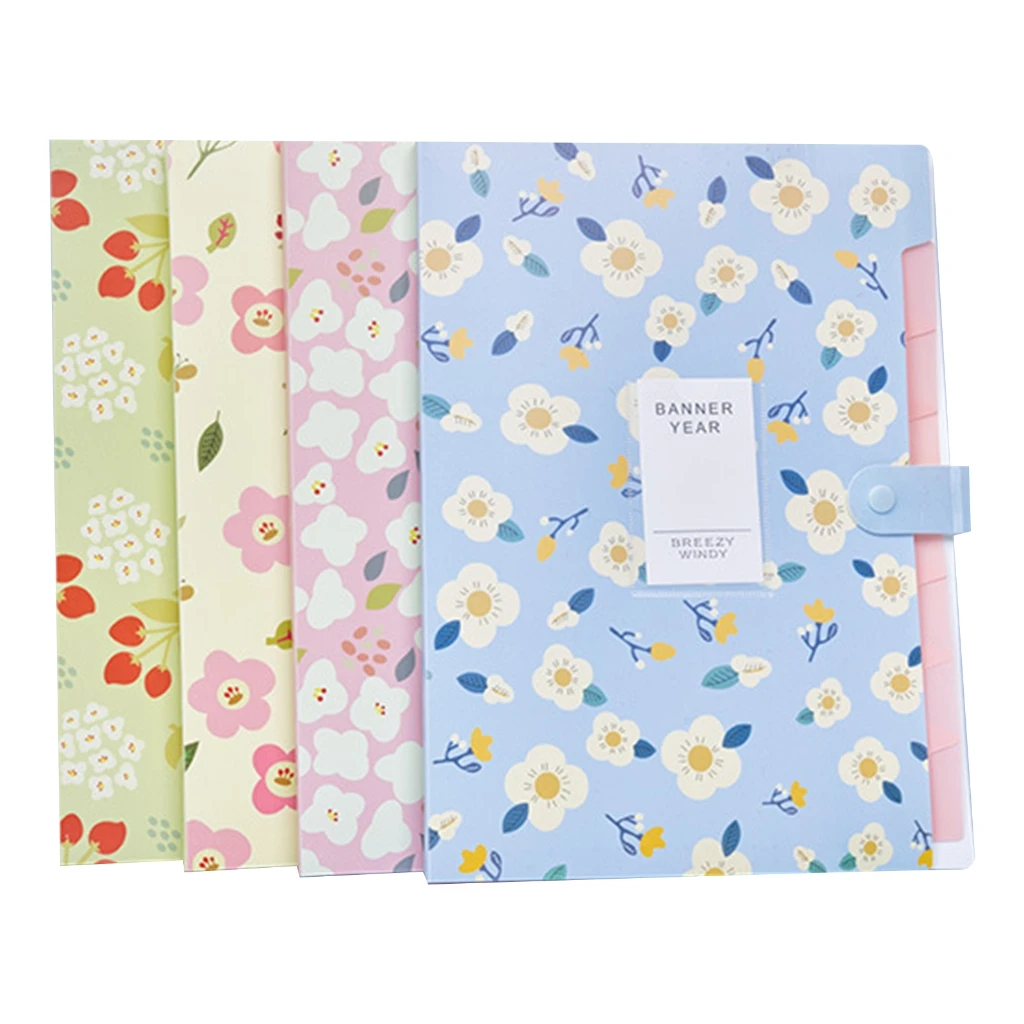 

4x Expanding File Folder Flower Printed Folder with Snap Button Document Organizers for School Office and Home Use Dropship