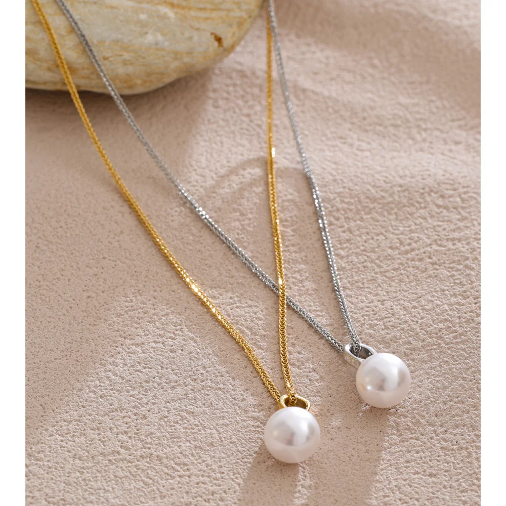 Yhpup Necklace Simulated Pearls Round Pendant PVD Plated for Women