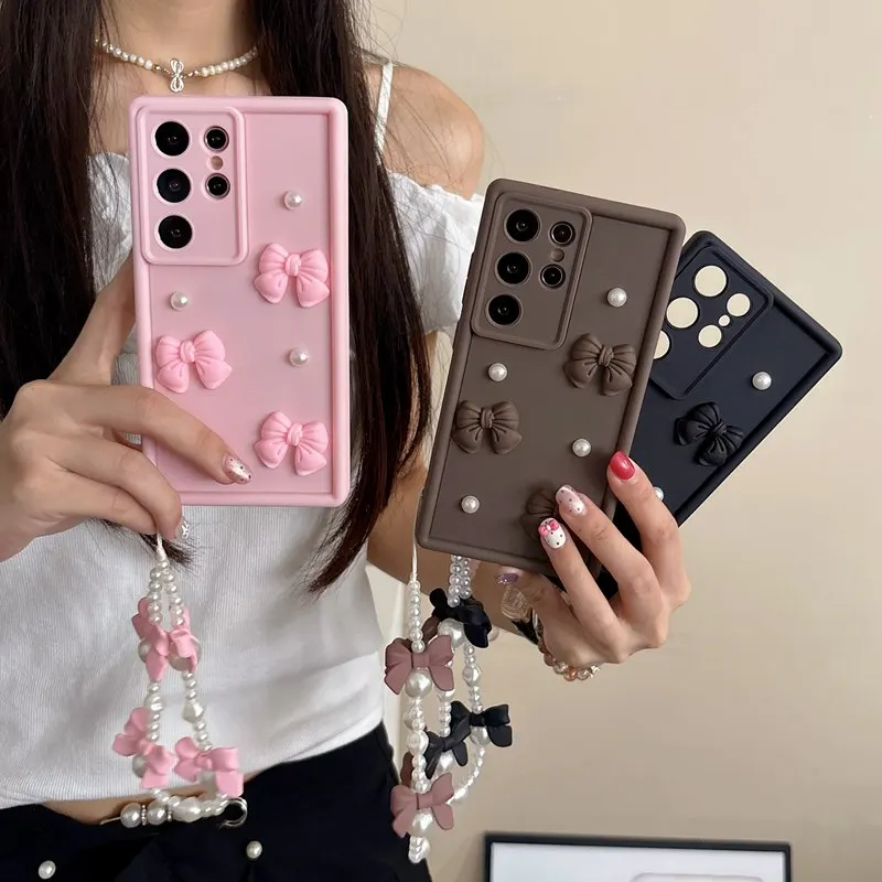 Elegant Bow Tie Pearl Chain Rope Phone Case Cover