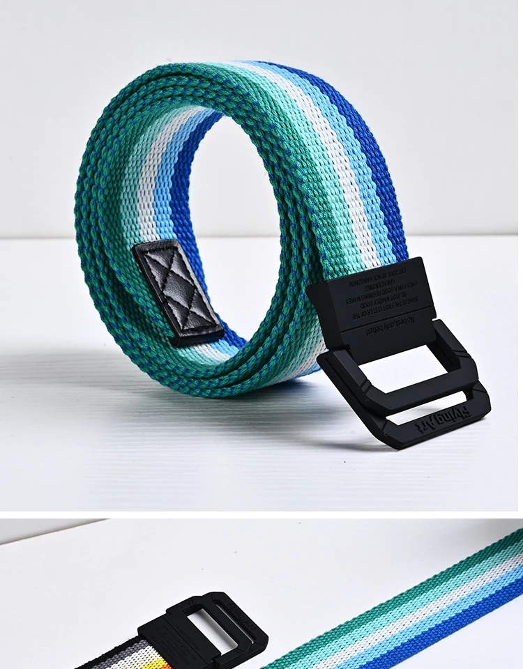 Blau gestreifter Herrengürtel, lässig, vielseitig, Jeans-Zubehör, Doppelring-Schnalle, Gürtel, Hip-Hop-Trend, taktischer Canvas-Bund – Detail 6